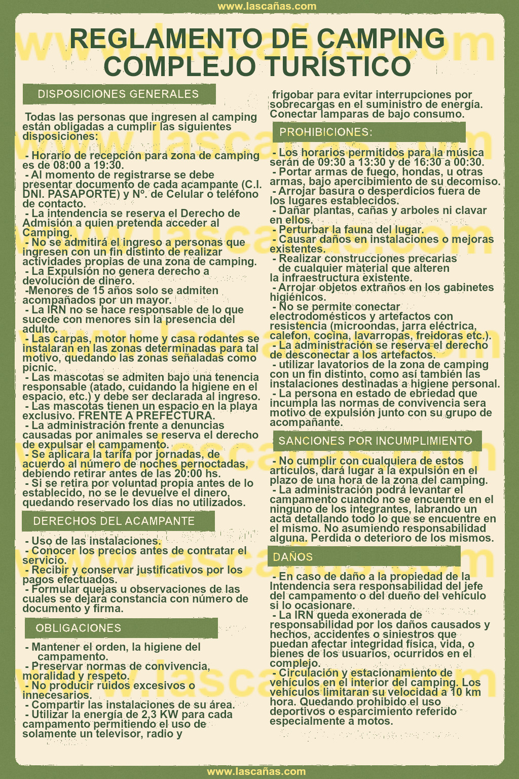 Reglamento de Camping del Balneario Las Cañas